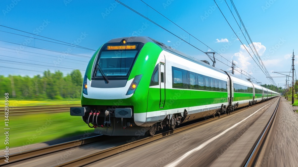 Naklejka premium Green High-Speed Train in Motion on Sunny Day