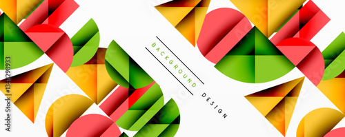 Abstract geometric background with layered gradient shapes forming dynamic patterns. Overlapping semi circles and triangles create depth and contrast