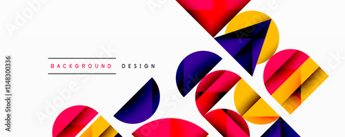 Abstract geometric background with layered gradient shapes forming dynamic patterns. Overlapping semi circles and triangles create depth and contrast