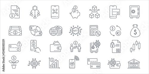 Smart digital finance line icons set. Simple outline signs for financial institutions, banks, fintech companies, marketing, web, and mobile apps. Editable Stroke.