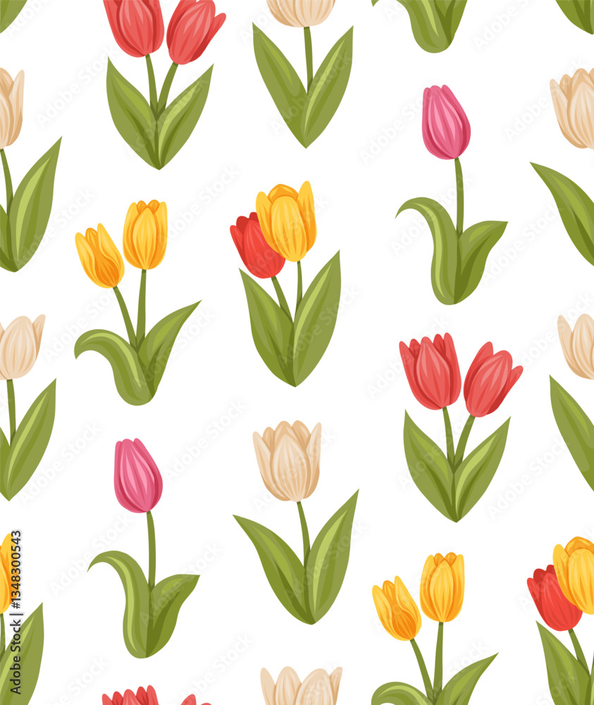 Vector naive floral pattern. Texture with multicolored tulips on a white background. Spring rustic background for fabrics and wallpapers