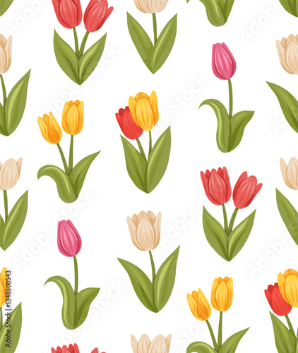 Vector naive floral pattern. Texture with multicolored tulips on a white background. Spring rustic background for fabrics and wallpapers