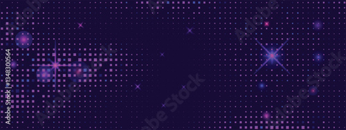 Neon purple abstract background. Bright game backdrop. Dark blue background with random violet and pink particles. Digital tech mosaic vector pattern.