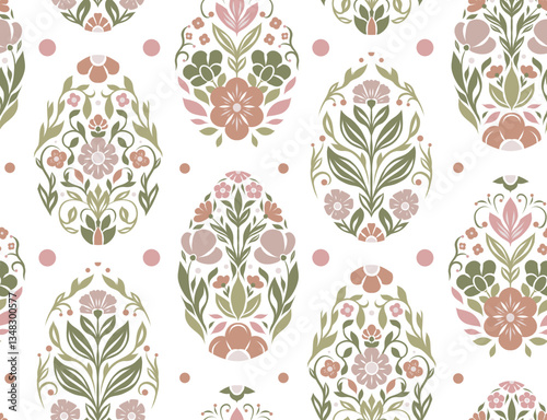 Vector gentle festive pattern with Easter eggs in folk art style. Tracery decorative holiday texture with eggs in pastel colors. Spring floral ornament for wallpaper