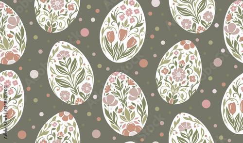 Vector gentle festive pattern with Easter eggs in folk art style with polka dot background. Tracery decorative texture with eggs in pastel colors. Spring floral ornament for fabric