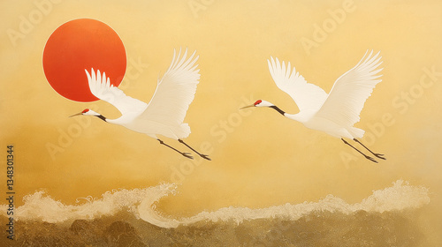 Two Cranes Soaring Illustration