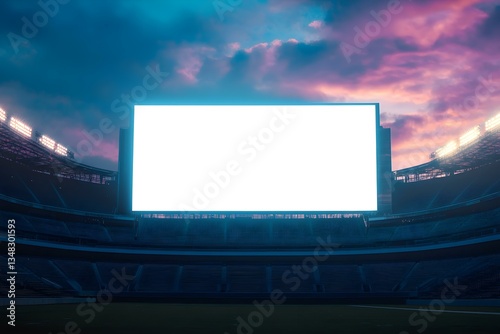 Empty Stadium at Dusk with Large Blank Video Screen in a Modern Sports Setting