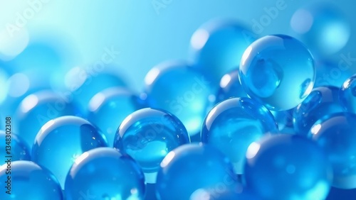 blue collagen spheres under a gentle light, creating a visually soothing effect reminiscent of serene, underwater bubbles