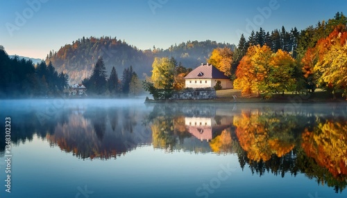 misty autumn reflections on the lake in banska stiavnica photo