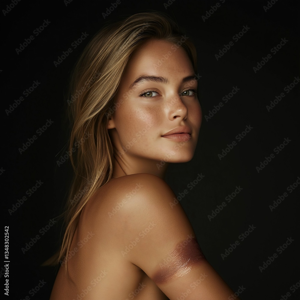 A young woman poses gracefully in a dim light, showcasing her prominent burn scar on her arm. Her serene expression and soft features convey resilience and strength A young woman poses gracefully in a dim light, showcasing her prominent burn scar on her arm. Her serene expression and soft features convey resilience and strength