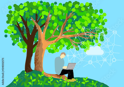 新時代の働き方、自然の中でnetで仕事をする男性