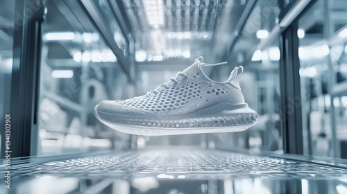 A futuristic white athletic shoe with a unique breathable design hovers in a modern clean production facility showcasing innovative technology and advanced manufactu.