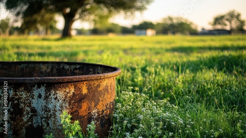 Rusty Metal Barrel in Sunny Green Field