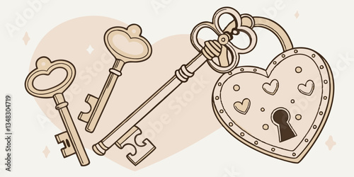 Set of various golden keys and locks of love. Vector illustration. Vintage wedding objects.
