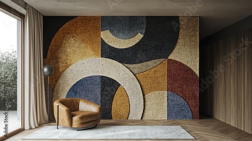 Modern living room with textured wall art