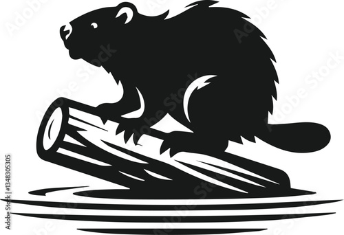 Beaver balancing on a log floating in the water vector