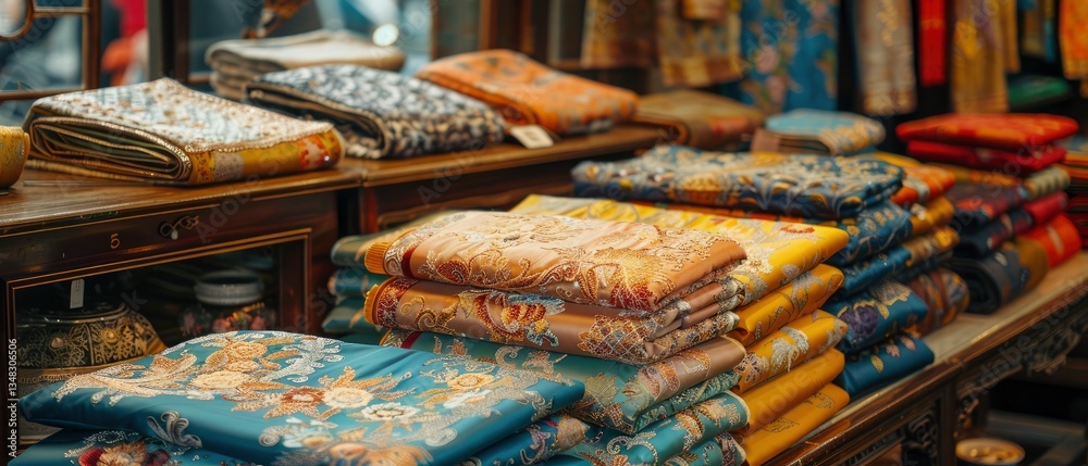 Fototapeta premium Colorful textiles stacked neatly in a vibrant market, showcasing intricate patterns and designs