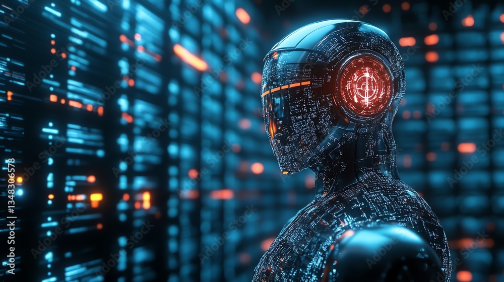 Fototapeta premium Futuristic Humanoid Robot Artificial Intelligence Concept with Digital Circuit Background