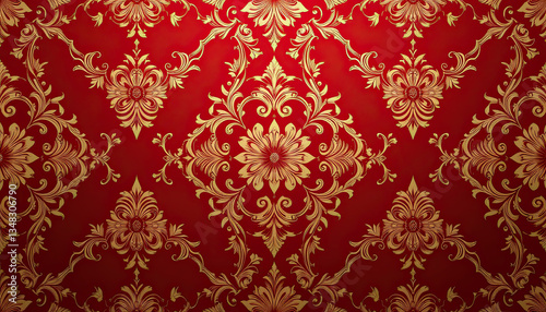 Luxury Vintage Gold Floral Damask Pattern Background Featuring Ornate Decorative Design on Rich Red Ideal for Elegant Interior Decoration, Premium Textiles and Art