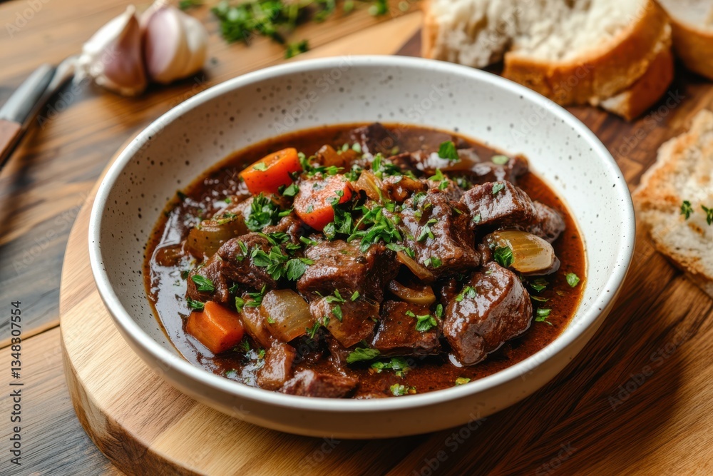 Savory beef stew served in a rustic bowl with fresh herbs and crusty bread on a wooden table Savory beef stew served in a rustic bowl with fresh herbs and crusty bread on a wooden table