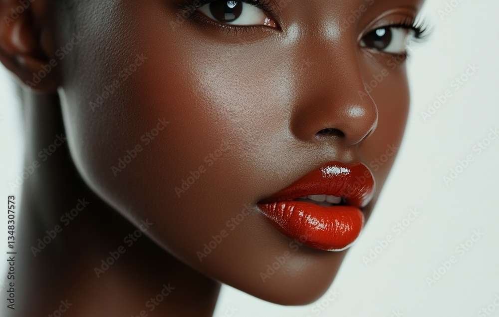 Fototapeta premium Close-up of beautiful female face with perfect lips, on white background. This beauty concept image features soft lighting and shadows, showing off the model's flawless skin tone. The high resolution 