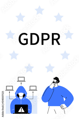 GDPR text surrounded by stars, hooded figure with laptop and warning icon, man thinking. Ideal for data protection, cybersecurity, privacy, EU regulations, compliance, IT risk flat simple metaphor