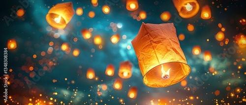 Floating lanterns illuminate the night sky during a festive celebration, creating a magical atmosphere