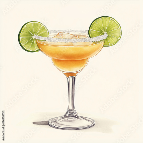 A cocktail drink is shown with two lime slices. It has a salt rim and the drink is orange.
