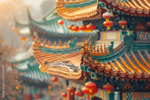 Vibrant traditional rooftops adorned with lanterns in a serene misty landscape, showcasing cultural heritage