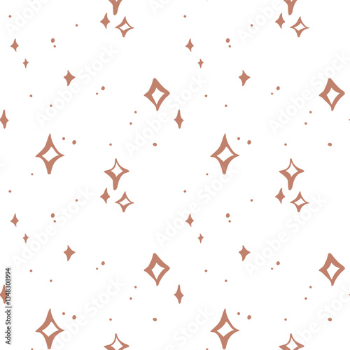 Stars sparkles line art hand drawn seamless pattern. Vector four-pointed star mocha mousse beige brown stars on white background