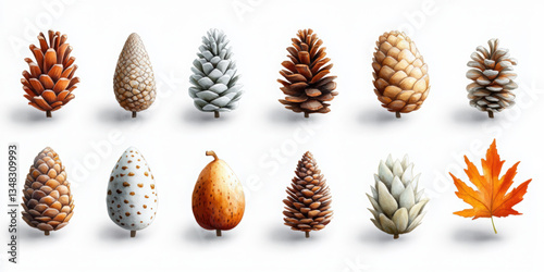 Unique icon set of watercolor pinecones on white background nature elements minimalist design
