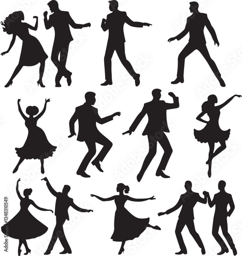 A collection of black silhouettes of couples dancing in a lively, energetic style reminiscent of the 1950s.