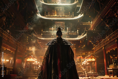 Majestic figure in traditional attire stands in a grand temple, with intricate architecture and soft lighting