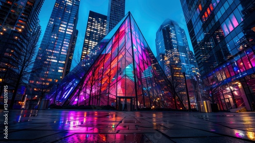 Vibrant glass pyramid structure illuminated at night amid skyscrapers, reflecting colorful lights