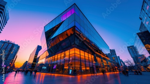 Modern architectural building at sunset with vibrant colors and people walking in the foreground