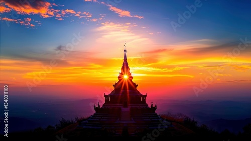 Majestic sunset over a traditional temple silhouette with vibrant colors illuminating the sky