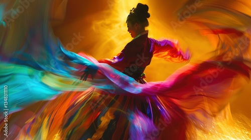 A dancer in a vibrant, flowing costume twirls gracefully against a colorful, dynamic background