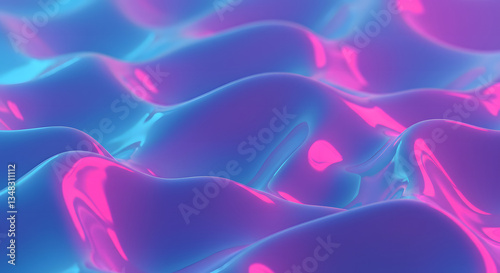 A futuristic abstract 3D background featuring smooth, glossy, undulating waves in vibrant neon blue and magenta. The reflective surfaces create a liquid-like effect, emphasizing depth and a high-tech,