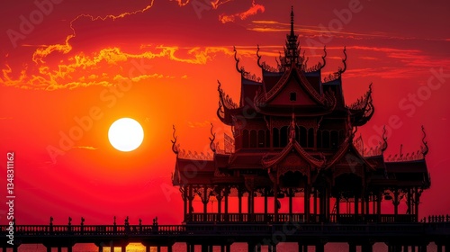 Serene sunset over an ornate pavilion by the sea, with silhouettes of people enjoying the view