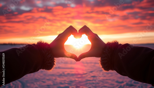 A stunning winter sunset scene with a pair of hands forming a heart shape, framing the glowing sun