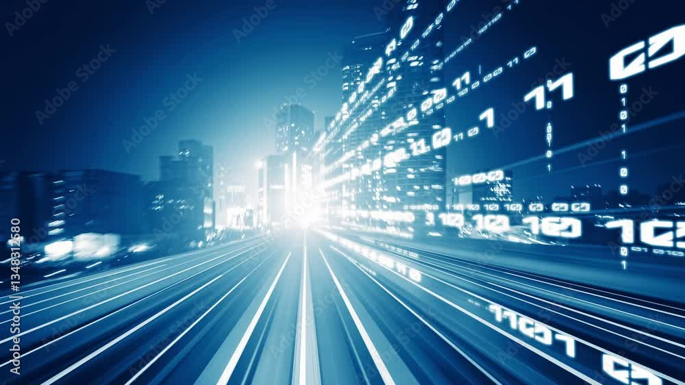 Digital data flow on road in concept of cyber global communication and coding with graphic creating vision of fast speed transfer to show agile digital transformation , disruptive innovation . Digital data flow on road in concept of cyber global communication and coding with graphic creating vision of fast speed transfer to show agile digital transformation , disruptive innovation .