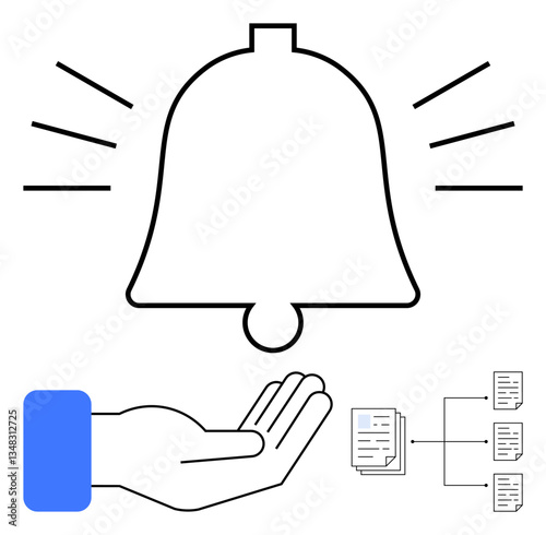 Notification bell with sound lines, open hand representing support, and document workflow elements for reminders, process management, and assistance. Ideal for alerts, productivity, collaboration
