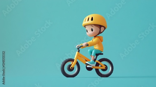 Cute Cartoon Child Riding Yellow Bicycle, 3D Render