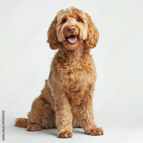 A stock photo features a golden doodle dog sitting up with a happy, open-mouthed expression. Its fluffy, light-brown fur is the focus of the composition
