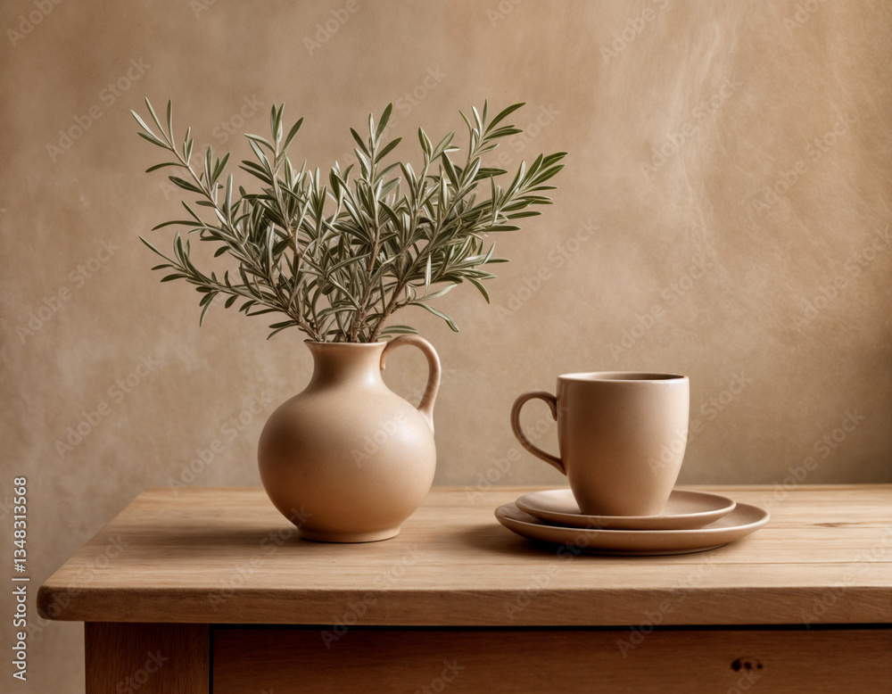 Fototapeta premium Sage green ceramic vase and a small eucalyptus branch with soft shadows against a warm toned wall on a wooden table, minimal still life as product background, copy space, selected focus