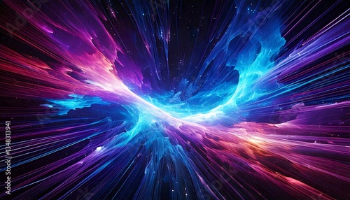 A futuristic abstract wallpaper blending deep-space nebula clouds with digital light trails