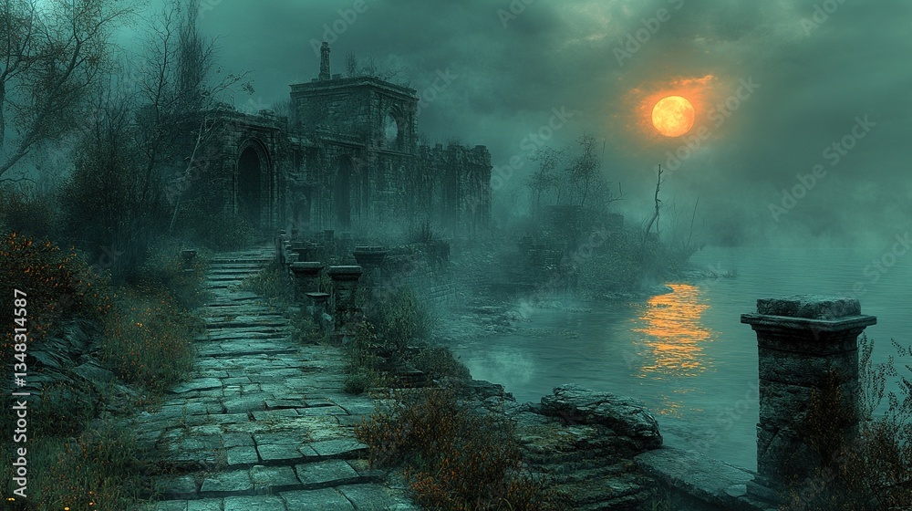 Fototapeta premium Eerie ruins by a misty lake reflect the glowing sun in the dark atmosphere