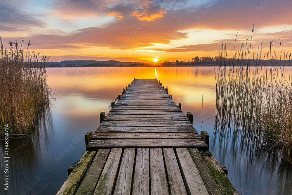 Naklejka premium Scenic wooden pier extending into a tranquil lake at sunset with golden reflections