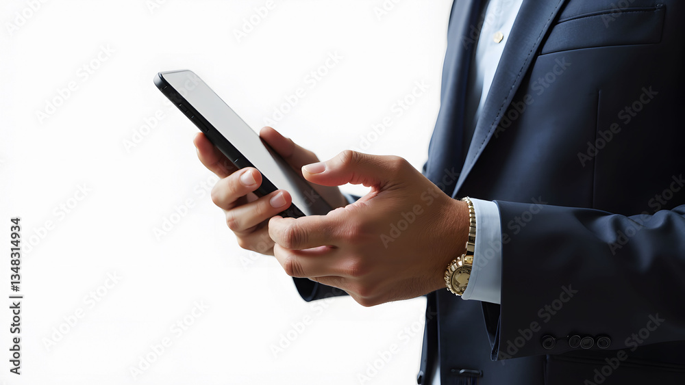 A businessperson in formal attire holding a smartphone in a professional workspace. A businessperson in formal attire holding a smartphone in a professional workspace.