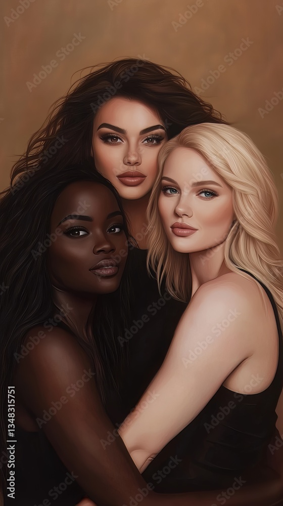 A striking portrait of three women of different ethnic backgrounds embracing, symbolizing unity and diversity in beauty. A striking portrait of three women of different ethnic backgrounds embracing, symbolizing unity and diversity in beauty.